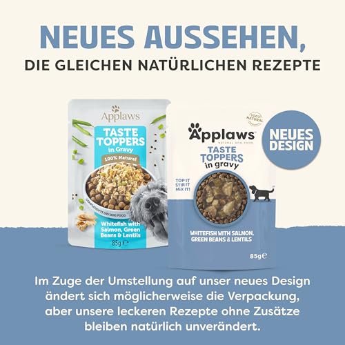 Applaws Taste Toppers 100% natürliche Wet Dog Food Topper, Grain Free Whitefish mit Lachs und Gemüse in Soße Beutel 12 x 85g Beutel