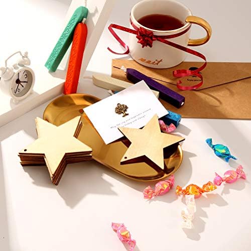 60 Pieces Natural Wooden Star Cutouts Shape Wooden Star Embellishments and 60 Pieces Natural Twine for Christmas Home Party Decoration