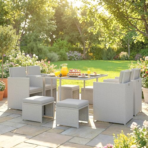 Outsunny 8 Seater Rattan Cube Garden Furniture Set, Space Saving Outdoor Dining Set with Cushions, Garden Table and Chairs with 4 Armchairs, 4 Footstools, Square Glass Top Table, Light Grey 9 Outsunny 8 Seater Rattan Cube Garden Furniture Set, Space Saving Outdoor Dining Set with Cushions, Garden Table and Chairs with 4 Armchairs, 4 Footstools, Square Glass Top Table, Light Grey - Image 9