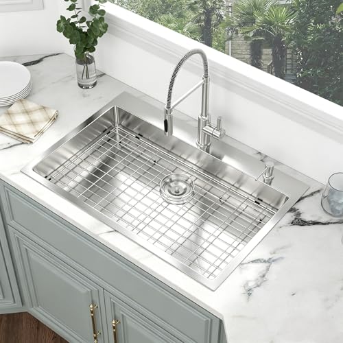 Image of Kichae 33 ADA Drop In Kitchen Sink - 33x22x5 Kitchen Sink Drop in Topmount Single Bowl 16-Gauge Stainless Steel Drop Sinks Round Corner Basin With Rack & Stainless Steel Sink Grid