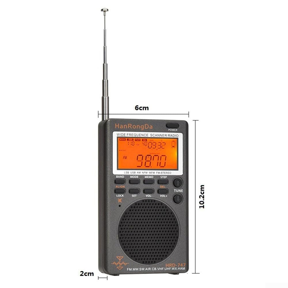 HRD-747 SSB Radio de onda corta FM estéreo con reloj y antena de cable de 10 pies Banda AM sintonización digital Receptor de radio portátil Tecnología de carga USB 1000 Frecuencias de radio Memoria