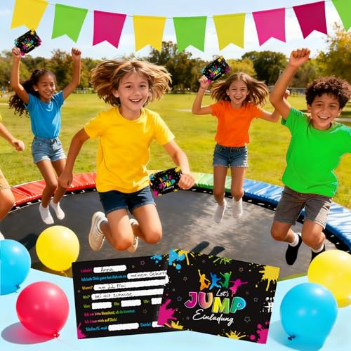 COMOOKA 12 Stücke Einladungskarten Jump Party Einladungskarten Kindergeburtstag Trampolin Einladung Jump Party Junge Mädchen Let´s Jump House Party Kinder