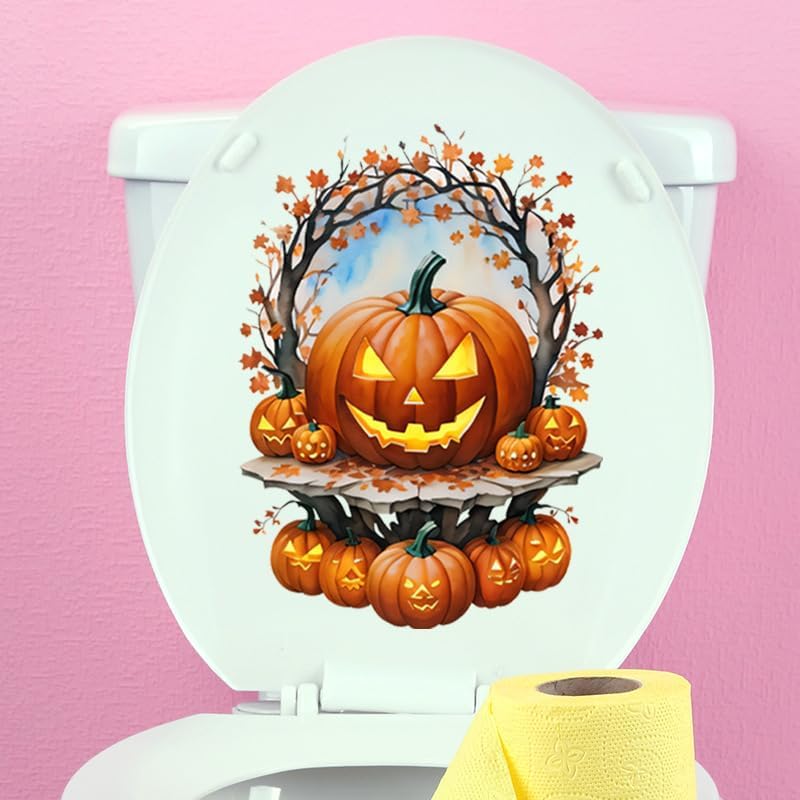 Halloween Pumpkin Lamp Toilet Cover Sticker Decals,Fish Bird Flower Leaf Waterproof Toilet Lid Tank Seat Decals Cistern Self-Adhesive Bathroom Wall Sticker