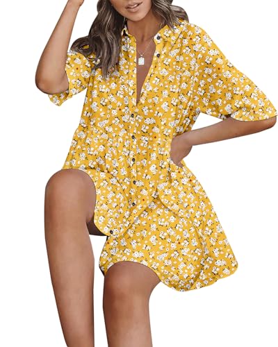 Image of PYGFEMR Women's Short Sleeve Babydoll Dress Button Down Dresses with Pockets