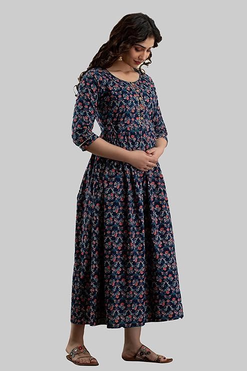Women's Pure Cotton Printed Maternity Gown/Maternity wear/Feeding Gown A-line Maternity Feeding Dress Maternity Kurti Gown for Women. Blue