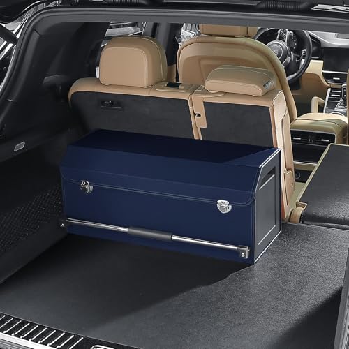 XCF Car Boot Organiser Collapsible Leather Boot Organiser with Lid and Push-pull Sturdy Handle for SUV, Truck, Sedan,Car Storage (Blue)