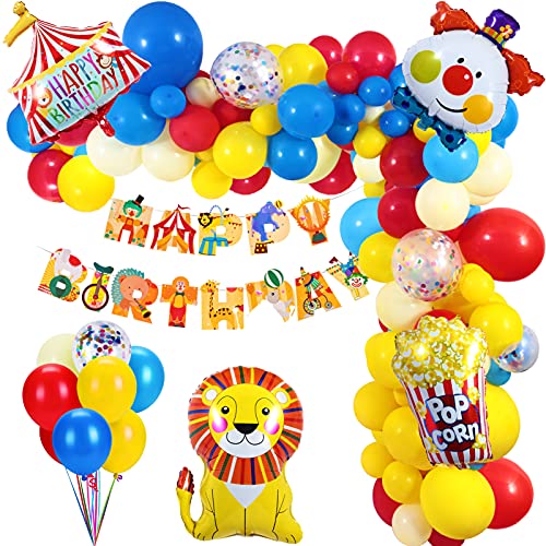Golray 138Pcs Carnival Circus Balloon Garland Arch Kit for Kids Carnival Circus Theme Birthday Party Decorations Supplies, Carnival Decor with Happy Birthday Banner Circus Tent Lion Clown Head Popcorn