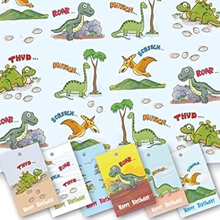 Happy Birthday Wrapping Paper. Dinosaur Wrapping Paper. 5 XL Sheets (50 x 70cm). Boys Gaming. Gift Wrap with matching Tags. Cutting grid on reverse.