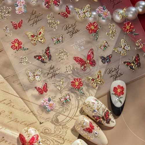 Image of NBNTGH Nail Stickers Flower Nail Stickers - Gold Trim Sparkle Self Adhesive Nail Decals with Handwritten Lettering for Luxury Manicure DIY Decoration (1 Sheet)