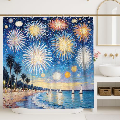 Cortina de ducha de fuegos artificiales, palmeras costeras festivas, agua, verano, azul, tela impermeable, con patas de garras, decoración para baño, habitación de invitados, 72 x 84 pulgadas