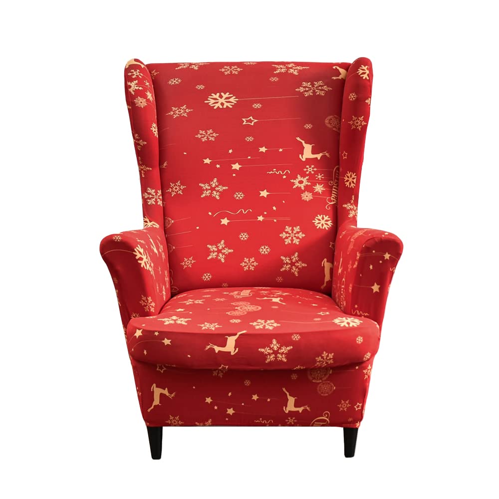 PENDEJATO Wing Chair Slipcovers, 2 Piece Christmas Print Wingback Chair Cover Stretch Spandex Armchair Covers with Elastic Bottom for Living Room Bedroom (Deer)
