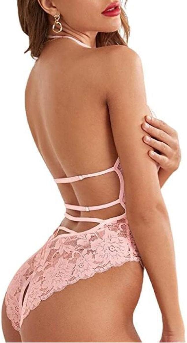 Women'S Lingerie Sets Siamese Floral Lace Strappy Tights Pink