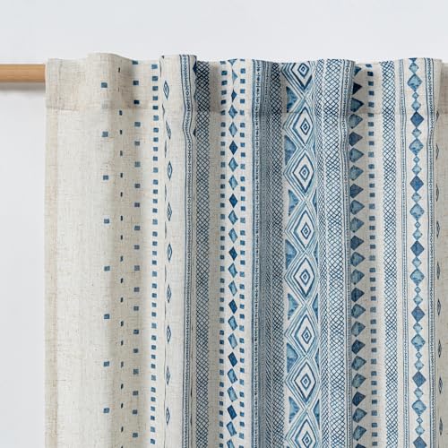 Image of MYSKY HOME Boho Curtains Semi Sheer Linen Blended Curtains 95 Inches Long for Living Room Stripe Patterned Farmhouse Curtains Light Filtering Privacy Back Tab Drapes, 50'' Wide, Blue, 2 Panels