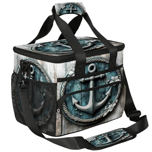 Mexpekil Bolsa térmica grande vintage con ancla de madera de 15 litros, bolsa de almuerzo aislada a prueba de fugas, suave, bolsa de playa con correa para picnic, camping, viajes, pesca, senderismo