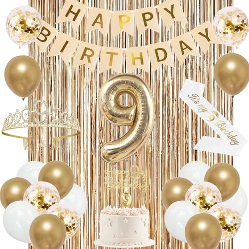 Image of Trgowaul 9th Birthday Decorations for Girls, Banner, Sash and Crown, Cake Topper, 9 Number Balloon, Fringe Curtains, Champagne Gold 9th Birthday Party Supplies