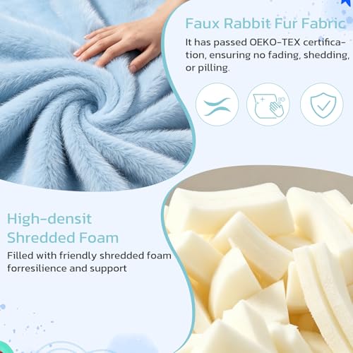 Image of 24 Inches Memory Foam Bean Bag Chair - Ultra Soft Faux Rabbit Fur Round Sofa with Handle & Machine Washable Cover, Comfy Chair for Kids Teens, Perfect for Reading Gaming in Living Room Bedroom, Blue