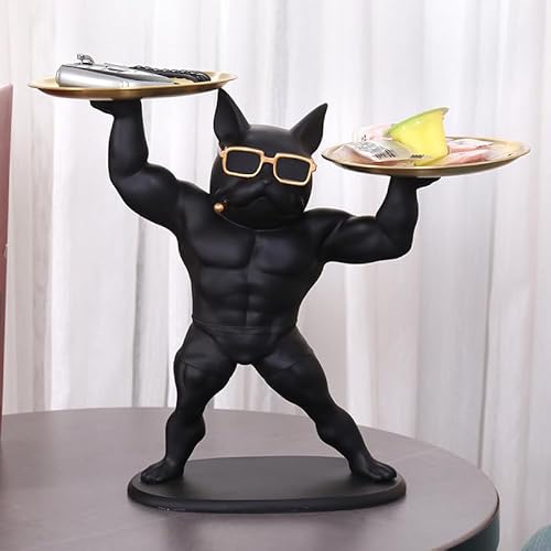 置物 犬の像の装飾トレイ フレンチブルドック ダブルトレイ キー収納トレイ ボディビル犬 卓上 鍵置き 眼鏡 リモコン 化粧品 小物収納 インテリア 雑貨 樹脂 彫刻装飾 贈り物 文房具 収納 キー収納 金属 玄関収納 卓上置物 動物像 (タイプA) [並