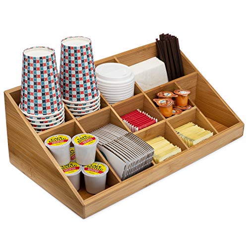 Premium Bamboo Coffee Condiment Organizer 11 Compartment