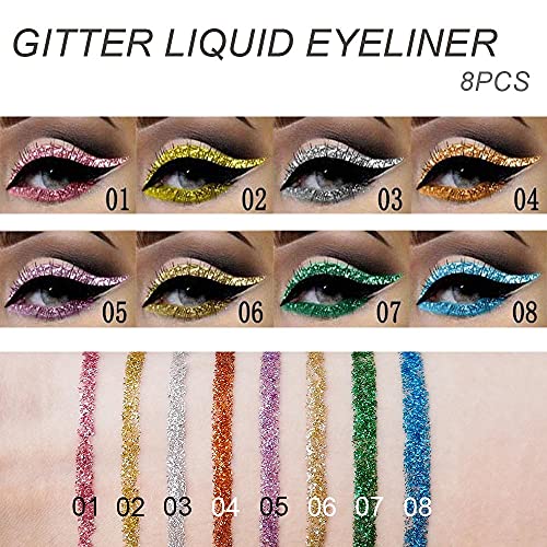 8 Colors Liquid Glitter Eyeliner, Sparkly Eye Liner Makeup Set, Light Purple, Gold, Silver White, Orange Red, Blue Purple, Yellow, Green, Sky Blue, Delineadores De Colores, Colorful Set Shimmer Liquid Eyeliner Liner For Eyes 8Pcs/Set A01 #TOP7