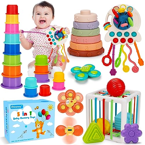 Image of 5 in 1 Baby Montessori Toys, Sensory Bin Pull String Teething Toy 0-6 to 12 Month Suction Cup Spinner Infant Travel Bath Toy 6 7 8 18 M+ Soft Stacking Cups Rings Learning Activity Toddler 0-2 Gift Set