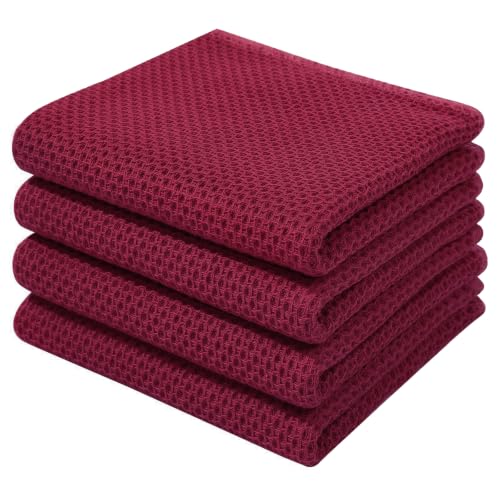 Image of Homaxy 100% Cotton Waffle Weave Kitchen Dish Towels 4-Pack, Magenta | 13 x 28 Inches, Ultra Soft Absorbent Dish Towels, Quick Drying Cleaning Towels