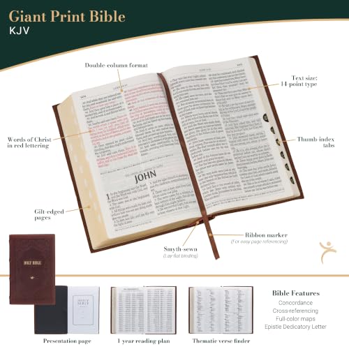 Image of KJV Holy Bible, Giant Print Standard Size Premium Full Grain Leather Red Letter Edition - Thumb Index & Ribbon Marker, King James Version, Brown Debossed, 14 pt. Type