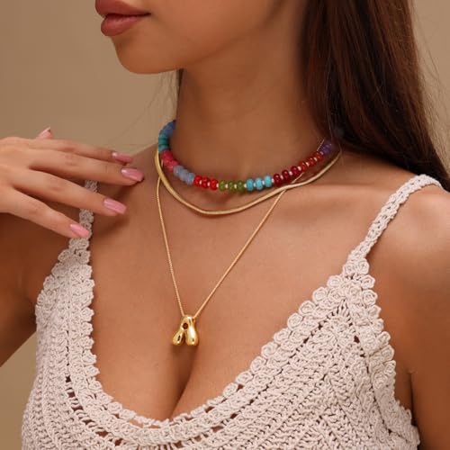 Bubble Beaded Necklaces for Women, Letter Boho Rainbow Colorful Natural Stone Summer Necklace for Women, Gold-Plated Initial Necklace4