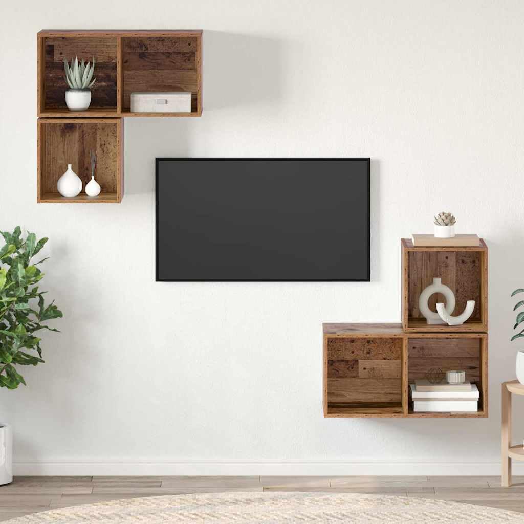 Lot de 4 meubles TV aspect bois vieilli 37 x 37 x 72 cm - Montage mural - Design moderne - Grand espace de rangement pour salon et chambre à coucher