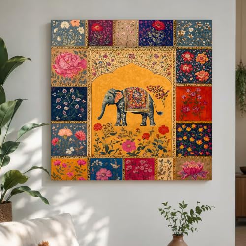Image of PAINTINGMANTRA Elephant Vastu Madhubani Canvas Wall Painting for Living Room | Ethnic Indian Elephant Wall Art for Home Decor | Office Size : 22x22 inch Gallary Wraped