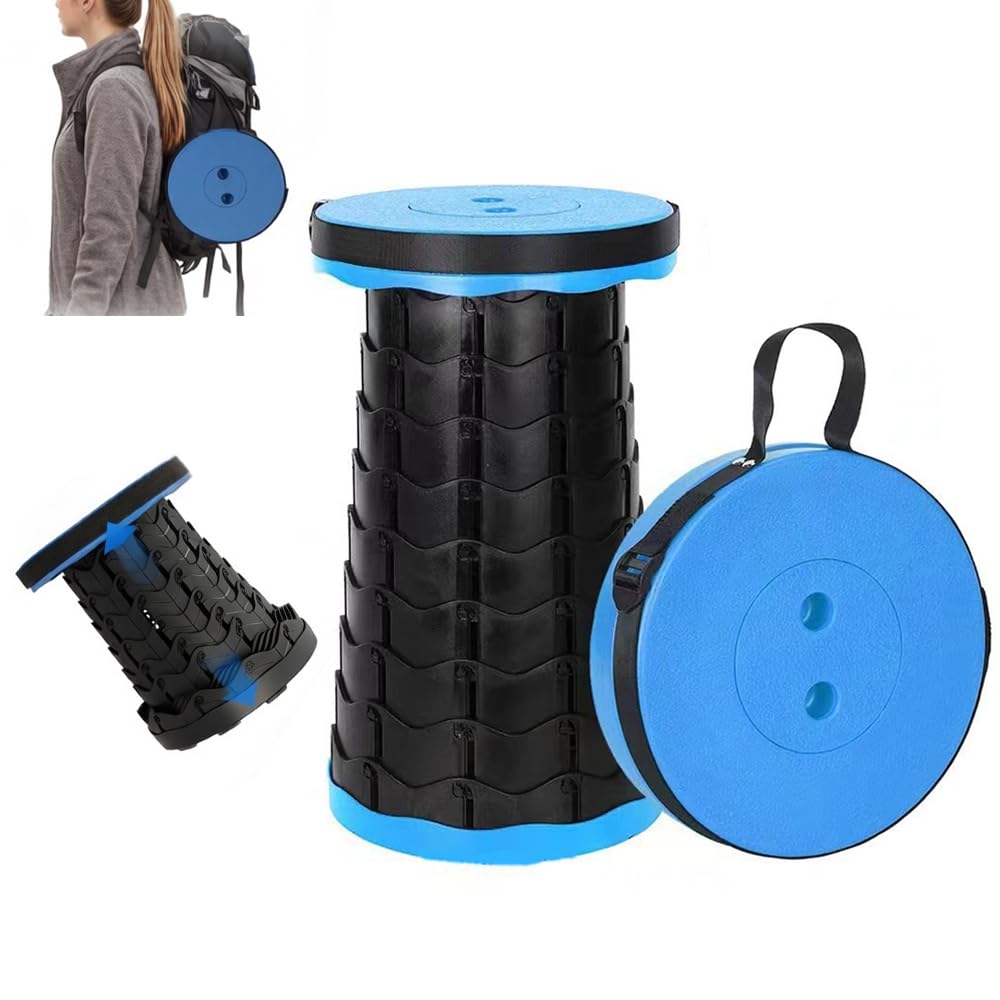 HUIQIHANG Portable Folding Stool, Collapsible Telescopic Folding Stool Heavy Duty, Lightweight, Adjustable Pop Up Plastic Stool for Camping Fishing Hiking BBQ Outdoors Indoors Kitchen Garden (Blue)
