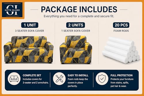 Image of Gifts Island Sofa Cover 3 Seater and 2 Seater Fully Covered Universal 5 Seater Sofa Cover Non-Slip Sticky Elastic Stretchable Sofa Set Slipcover Protector for (3+1+1 Seater) (Yellow Prism)