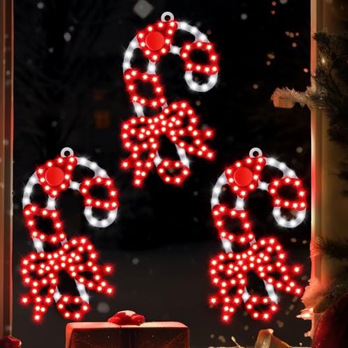HappyAlley Paquete de 3 300 bastones de caramelo LED iluminados intensamente vibrantes, 25.4 cm. Enchufe impermeable rojo y blanco luz de ventana de bastón de caramelo de Navidad con 3 ventosas para
