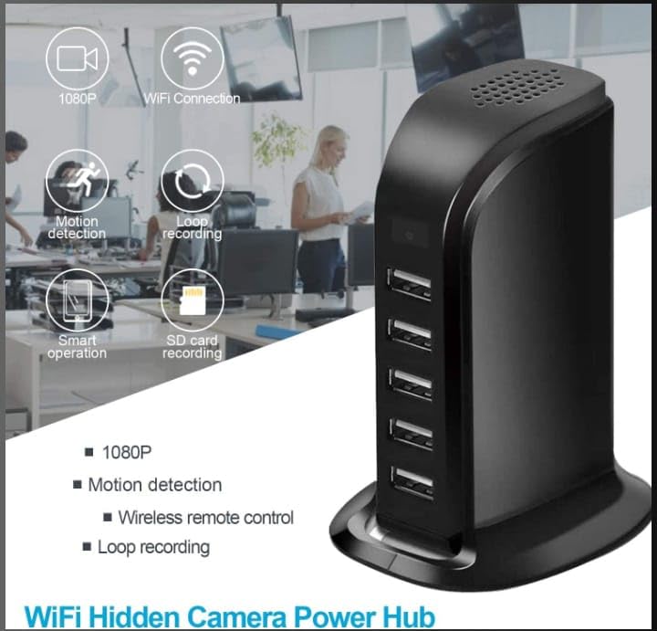 Image of 1080P Hidden Camera with USB Charger, 5 Port Charging Hub, Motion Detection, Live Remote Streaming, Home /Office Hidden Camera Black