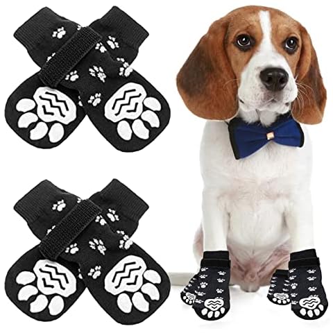 Dog Socks, 2 Pairs Anti Slip Dog Socks Paws Stop Licking Adjustable Pet Cats Dog Paw Protector Black Dog Shoes Boots for Indoor Outdoor Walking Small Medium Large Dogs (Small) Cover