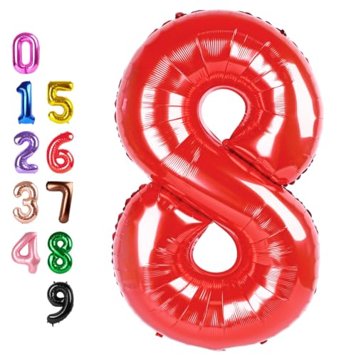 Image of 8 Balloon 40 inch Red Number Balloons for 8th Birthday Party Decorations | Saturated Color, Large 40 in, With Straw & Hanging Hole, For Back-to-School Season, Wedding, Christmas, New Year, Anniversary