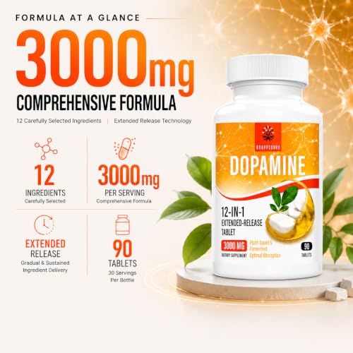 Image of Kroppssund Dopamine Supplements with L-Theanine & Ashwagandha, 12-in-1 Extended Release Formula, 3000mg Per Serving, 90 Tablets (1 Bottle)