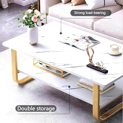 Image of Engineered Wood Coffee Table with Metal Base & 2 Tier Storage | Modern Rectangle Center Table for Living Room Sofa Set | Easy DIY Assembly (90 x 48 x 48 cm) (White Gold)