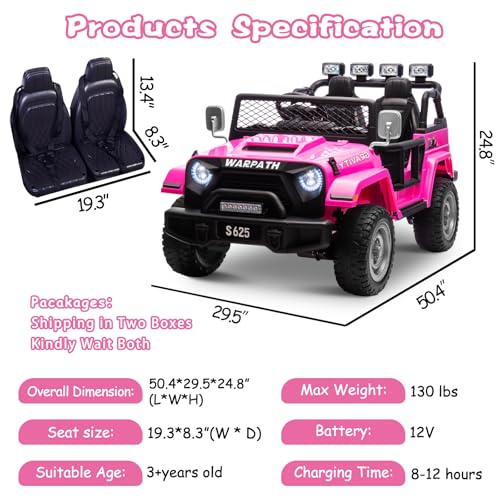 OTTARO Ride on Cars Vehicles 2 Seater, Battery Powered 12V Large Electric Truck for Kids with Remote Control, Spring Suspension, LED Lights, Music(Pink)