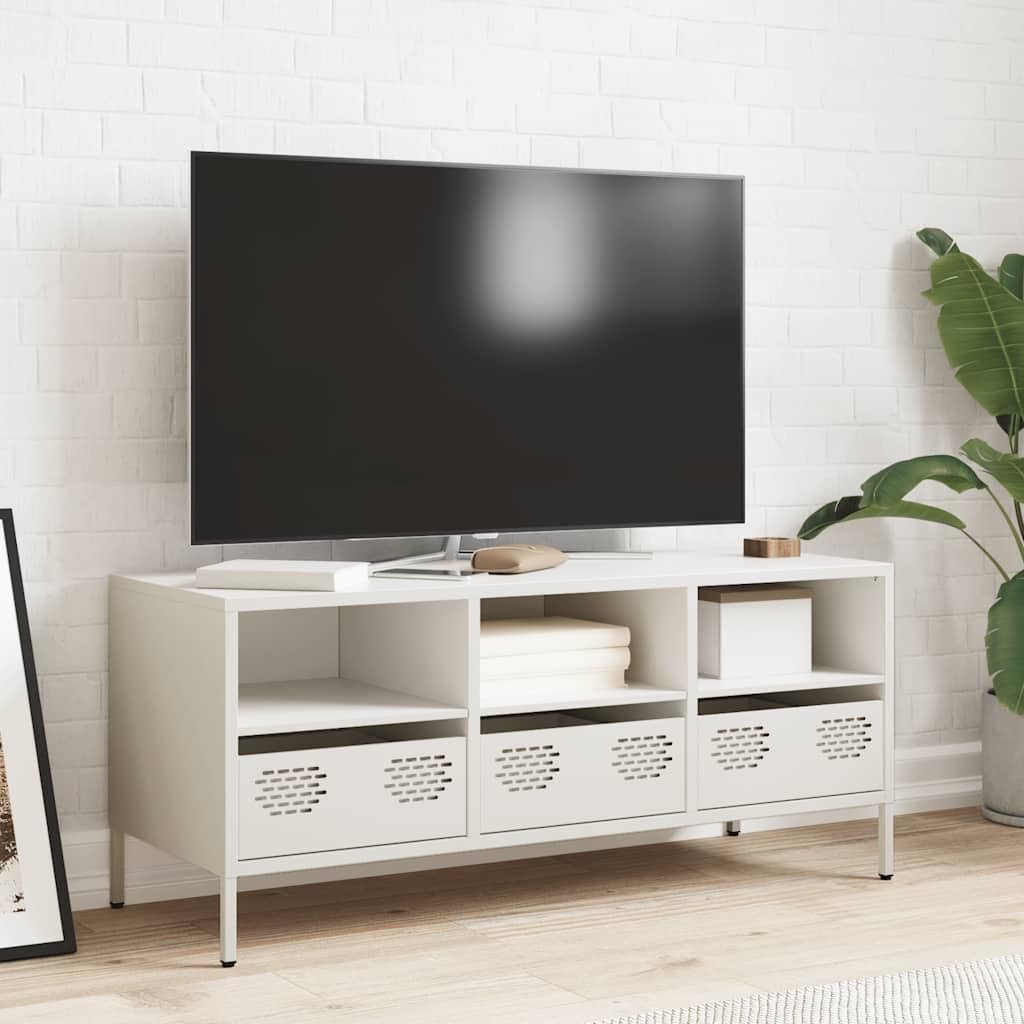 TV-Schrank Weiß, 101,5x39x43,5 cm Kaltgewalzter Stahl, Industrial Design, Modernes Media Center für Wohnzimmer und Schlafzimmer, mit Stauraum