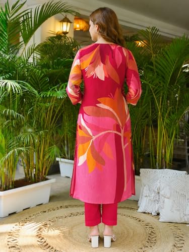Image of ANNI Designer Cotton Blend Printed Straight Kurta with Pant and Dupatta for Women | Cotton Blend Pink | 3 /4 Sleeve | V-Neck | Ethnic Wear Casual Wear