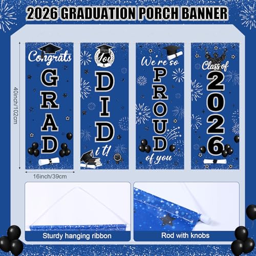 Image of Panelee 4 Pcs Black Blue Graduation Party Decorations 2026 Congrats Grad Porch Banners Class of 2026 Hanging Banner Backdrop for Classroom School Doorway Indoor Outdoor Wall Hanging Decor