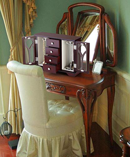 Jewelry Box - Made of Solid Wood with Cabinet Type 4 Drawers Organizer and 2 Doors on Sides Large Mirror - Dark Brown