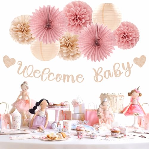 Image of Blush-Pink Rose-Gold Fall Baby-Shower Party-Decorations - 31pcs Welcome Home Banner Sign,Neutral Paper Lanterns,Girl Streamers Garland,Boho Hanging Tissue Pom Poms Flowers Fans Backdrop Decor Burgleda