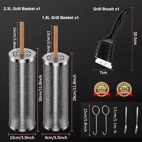 2 Pack Rolling Grill Basket, Removable Wooden Handle, 304 Stainless Steel, Smoker BBQ Accessories for Vegetable Fish Meat, Outdoor Grill Camping Backyard Cooking, Nesting BBQ Tools Birthday Gifts for Men Dad Husband