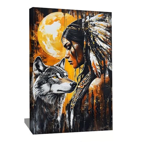 Tableau De Femme Indienne - Affiche Decoration Murale Loup - Impression Sur Toile Lune - Tableau Couleur Or - Decoration Murale Animaux De La Foret - Cadre...