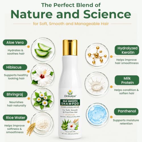 Image of Silk Smooth Shampoo with Aloe Vera, Hibiscus, Rice Water & Hydrolyzed Keratin | Modern Ayurveda Hair Care | For Soft, Smooth & Frizz-Free Hair | Suitable for Men & Women | 200ml