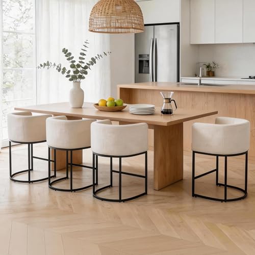Image of 26 inch Counter Height Bar Stools Set of 3, Linen Fabric Upholstered Barrel Chairs with Back and Arms, Metal Frame Kitchen Island Stools with Footrest, Cream-Fabric