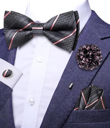 Image of Hi-Tie Bow Ties for Men Pre-Tied Pocket Square with Cufflinks Mens Bowtie Sets for Wedding Formal Party
