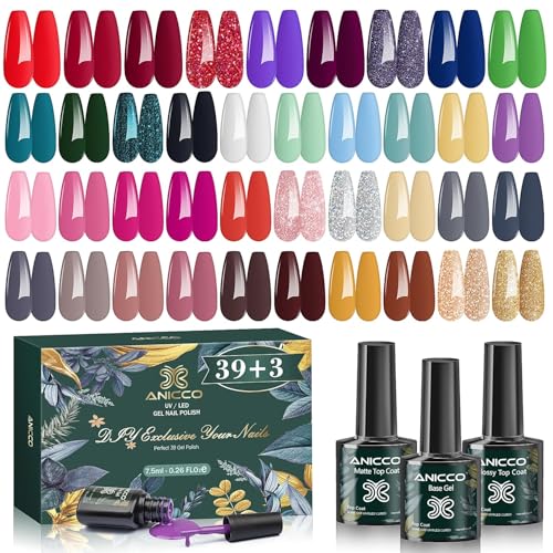 42 Pcs Esmalte Semipermanente Gel UV LED, Pintauñas Semipermanentes Kit de Esmaltes de Uñas, UV Uñas en Gel 39 Colores con
