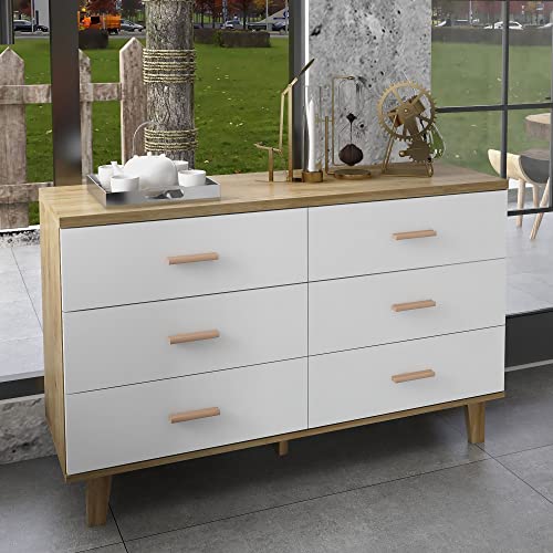 Image of HIUU 6 Drawer Dresser for Bedroom,Natural Wood Dresser,Modern Dresser,White and Brown Chest of Drawers for Living Room